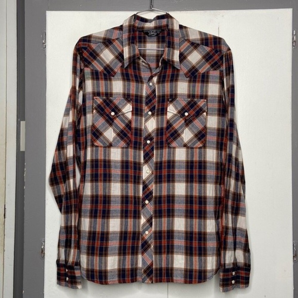 salt valley western men’s long sleeve snap shirt xl red white blue orange plaid